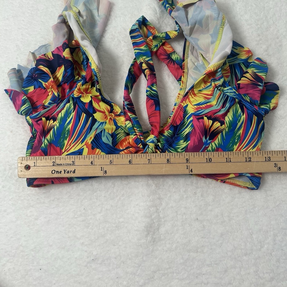 Bikini Set Womens Small Multicolor Floral Ruffle Top High Waist Yellow Bottom - Picture 10 of 16